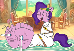 Size: 1079x741 | Tagged: suggestive, artist:feets-and-paws, pipp petals (mlp), anthro, hasbro, my little pony, my little pony g5, spoiler:my little pony g5, anthrofied, barefoot, feet, fetish, foot fetish, foot focus, soles, tickling, toes, toothbrush, wiggling toes