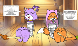 Size: 1154x692 | Tagged: suggestive, artist:feets-and-paws, blaze the cat (sonic), maid marian (robin hood), canine, cat, feline, fox, mammal, red fox, anthro, plantigrade anthro, disney, robin hood (disney), sega, sonic the hedgehog (series), barefoot, feet, fetish, foot fetish, foot focus, soles, tickling, toes