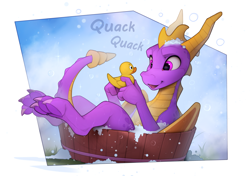 Size: 2500x1760 | Tagged: safe, artist:yakovlev-vad, spyro the dragon (spyro), dragon, fictional species, western dragon, feral, spyro the dragon (series), 2024, 2d, bathtub, border, bubble bath, bubbles, cute, dialogue, male, pink eyes, purple body, rubber duck, solo, solo male, talking, toy, white border, yellow belly
