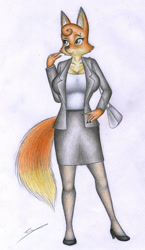 Size: 1464x2516 | Tagged: safe, artist:sinaherib, diane foxington (the bad guys), canine, fox, mammal, anthro, dreamworks animation, the bad guys, 2024, bottomwear, clothes, female, purse, skirt, solo, solo female, traditional art