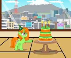 Size: 5918x4853 | Tagged: safe, artist:creedyboy124, oc, oc only, oc:lola, equine, mammal, pony, birthday, birthday cake, cake, clothes, food, hat, headwear, japan, party hat, solo, tokyo