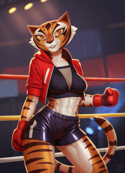Size: 1159x1600 | Tagged: safe, artist:hacatiko, master tigress (kung fu panda), big cat, feline, mammal, tiger, anthro, dreamworks animation, kung fu panda, 2024, belly button, bottomwear, boxing, boxing gloves, boxing ring, breasts, clothes, digital art, ears, eyelashes, female, fur, gloves, looking at you, pose, shorts, solo, solo female, sports bra, sports shorts, tail, thighs, topwear, wide hips