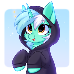 Size: 3000x3000 | Tagged: safe, artist:pesty_skillengton, lyra heartstrings (mlp), equine, fictional species, mammal, pony, unicorn, friendship is magic, hasbro, my little pony, chest fluff, clothes, cute, dig the swell hoodie, eyebrow through hair, eyebrows, female, fluff, hair, hoodie, horn, open mouth, open smile, smiling, solo, sparkles, topwear