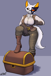 Size: 1378x2039 | Tagged: suggestive, artist:bear213, 2024, artheart213, clothes, costume, female, fur, halloween, halloween costume, pirate outfit, treasure chest, white body, white fur