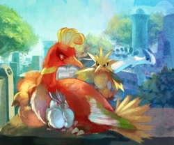 Size: 2000x1666 | Tagged: safe, artist:pixiv id 4521895, articuno, bird, fictional species, ho-oh, legendary pokémon, lugia, moltres, zapdos, feral, nintendo, pokémon, 2012, ambiguous gender, beak, blue body, city, cute, family, feathers, generation 1 pokemon, generation 2 pokemon, group, legendary family, outdoors, red body, wings, yellow body, younger