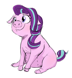 Size: 604x651 | Tagged: safe, artist:shoutingisfun, starlight glimmer (mlp), mammal, pig, suid, friendship is magic, hasbro, my little pony, 2d, cute, eyelashes, front view, hair, multicolored hair, multicolored tail, pigifies, pink body, purple eyes, simple background, sitting, smiling, sow, species swap, tail, teats, three-quarter view, two toned hair, two toned tail, white background