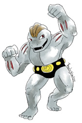 Size: 547x813 | Tagged: safe, artist:artsy-theo, fictional species, machoke, feral, nintendo, pokémon, 2d, ambiguous gender, on model, open mouth, signature, simple background, solo, solo ambiguous, white background