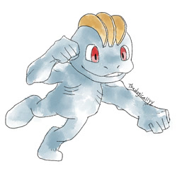 Size: 689x684 | Tagged: safe, artist:artsy-theo, fictional species, machop, feral, nintendo, pokémon, 2d, ambiguous gender, on model, signature, simple background, solo, solo ambiguous, white background
