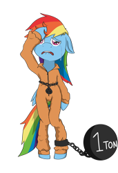 Size: 4800x7000 | Tagged: safe, artist:chedx, rainbow dash (mlp), equine, fictional species, mammal, pegasus, pony, friendship is magic, hasbro, my little pony, absurd resolution, abuse, ball and chain, bondage, bound wings, chains, clothes, crying, padlock, prison outfit, prisoner, sad, simple background, solo, transparent background, wings