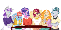 Size: 1024x509 | Tagged: safe, artist:gigason, cloudy quartz (mlp), cookie crumbles (mlp), pear butter (mlp), posey shy (mlp), twilight velvet (mlp), windy whistles (mlp), earth pony, equine, fictional species, mammal, pegasus, pony, unicorn, anthro, friendship is magic, hasbro, my little pony, 2d, anthrofied, blue body, blue eyes, blue fur, book, bottomwear, breasts, clothes, drinking, ear fluff, ear piercing, female, females only, fluff, fur, glasses, gray body, gray fur, gray hair, gray mane, green eyes, group, hair, hair bun, holding, holding cup, holding object, horn, jewelry, magenta eyes, magenta hair, magenta mane, mane, mare, mature, mature female, milkshake, multicolored hair, multicolored mane, necklace, orange hair, orange mane, pants, peach body, peach fur, piercing, pink body, pink fur, purple eyes, purple hair, purple mane, reading, saucer, shirt, shorts, signature, simple background, sitting, smiling, t-shirt, table, teacup, topwear, transparent background, two toned hair, ungulate, wall of tags, white body, white fur, wing fluff, wings, yellow body, yellow fur