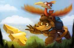 Size: 850x550 | Tagged: safe, artist:cryptid-creations, banjo (banjo-kazooie), kazooie (banjo-kazooie), bear, bird, breegull, fictional species, mammal, feral, banjo-kazooie, rareware, cloud, day, duo, duo male and female, female, grass, male, puzzle piece, signature, sky