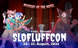 Size: 2048x1280 | Tagged: safe, artist:slofluffcon, official art, oc, oc only, bat, canine, dog, fox, mammal, anthro, celje, convention, group, male, slofluffcon, slovenia