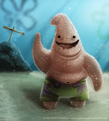 Size: 602x669 | Tagged: safe, artist:cryptid-creations, patrick star (spongebob), starfish, anthro, digitigrade anthro, nickelodeon, spongebob squarepants (series), bottomwear, clothes, male, open mouth, open smile, rock, shorts, smiling, solo, solo male, standing, underwater, water