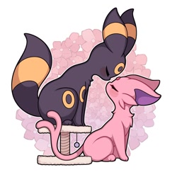 Size: 1200x1200 | Tagged: safe, artist:seviyummy, eeveelution, espeon, fictional species, mammal, umbreon, feral, nintendo, pokémon, 2024, 2d, big tail, black body, black fur, blush lines, blushing, cheek fluff, chest fluff, cute, duo, duo female, ears, english text, eyes closed, female, females only, feral/feral, flower, flower background, fluff, fur, long tail, looking at each other, neck fluff, pink body, pink fur, plant, sitting, tail, text, watermark