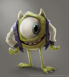 Size: 602x669 | Tagged: safe, artist:cryptid-creations, mike wazowski (monsters inc.), fictional species, monster, anthro, disney, monsters inc., monsters university, pixar, gradient background, male, open mouth, open smile, smiling, solo, solo male, standing, younger