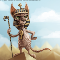 Size: 650x650 | Tagged: safe, artist:cryptid-creations, cat, feline, mammal, sphynx cat, semi-anthro, 1:1, ambiguous gender, cane, cloud, day, egyptian, hand on hip, paw pads, paws, pyramid, sky, solo, solo ambiguous, standing