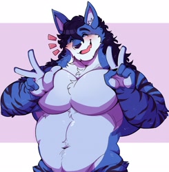 Size: 2006x2048 | Tagged: safe, artist:wolfgardn, canine, mammal, wolf, anthro, gesture, hair, long hair, male, muscles, muscular male, peace sign, slightly chubby, solo, solo male
