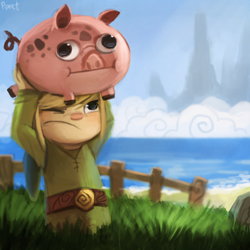 Size: 600x600 | Tagged: safe, artist:cryptid-creations, link (zelda), elf, fictional species, hylian, mammal, pig, suid, feral, humanoid, nintendo, the legend of zelda, 2013, 2d, ambiguous gender, beach, carrying, clothes, cloud, cute, day, detailed background, duo, faic, fence, front view, grass, hair, hat, headwear, holding, holding character, male, one eye closed, outdoors, sand, seaside, signature, sky, standing, tunic, walleyed, water