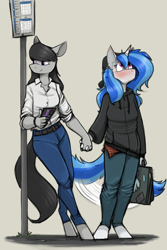Size: 1410x2110 | Tagged: safe, artist:sinrar, octavia melody (mlp), vinyl scratch (mlp), earth pony, equine, fictional species, mammal, pony, unicorn, anthro, unguligrade anthro, friendship is magic, hasbro, my little pony, 2024, anthrofied, backwards ballcap, baseball cap, blushing, briefcase, brown background, bus stop, cap, cell phone, clothes, duo, ear piercing, earring, female, female/female, g4, hat, headwear, holding, holding hands, hooves, horn, jewelry, looking up, mare, phone, piercing, scratchtavia (mlp), shipping, simple background, smartphone, smiling, tail, tail wag