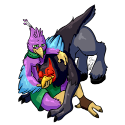 Size: 1050x1047 | Tagged: safe, artist:gyrotech, artist:silent_e, oc, oc:gyro feather, oc:gyro feather (bird), bird, equine, fictional species, galliform, hippogriff, mammal, peafowl, anthro, feral, beak, bird feet, bird hands, claws, feathered wings, feathers, green eyes, hand on beak, male, petting, pink body, purple body, tail, wings, yellow body