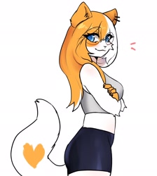 Size: 1832x2048 | Tagged: safe, artist:praew_srikit, calico, cat, feline, mammal, anthro, 2024, 2d, arms under breasts, blue eyes, bottomwear, breasts, cheek fluff, clothes, crop top, crossed arms, ear fluff, ear piercing, elbow fluff, eyelashes, female, fluff, fur, glasses, hair, long hair, looking at you, midriff, multicolored body, multicolored face, multicolored fur, multicolored hair, multicolored tail, orange body, orange fur, orange hair, piercing, pointy ears, raised tail, round glasses, short shorts, shorts, side view, simple background, smiling, smiling at you, solo, solo female, tail, tail fluff, topwear, two toned body, two toned fur, two toned hair, two toned tail, white body, white fur, white hair, white tail