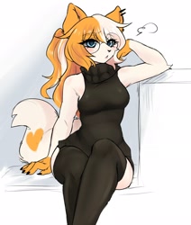 Size: 1738x2048 | Tagged: safe, artist:praew_srikit, calico, cat, feline, mammal, anthro, 2024, breasts, clothes, ear piercing, female, glasses, legwear, looking at you, piercing, round glasses, sitting, solo, solo female, sweater, thigh highs, topwear