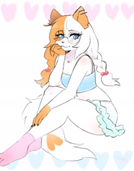 Size: 1609x2048 | Tagged: safe, artist:praew_srikit, calico, cat, feline, mammal, anthro, 2024, blushing, bottomwear, braided pigtails, breasts, cleavage, clothes, crop top, ear piercing, female, glasses, jewelry, looking at you, midriff, necklace, piercing, round glasses, sitting, skirt, smiling, smiling at you, socks, solo, solo female, topwear