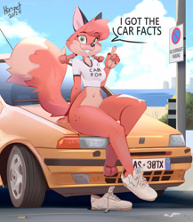 Size: 1787x2061 | Tagged: suggestive, artist:hinget, oc, oc only, oc:patty (fox-popvli), canine, fox, mammal, anthro, digitigrade anthro, 2024, beach, bottomless, breasts, car, clothes, commission, crop top, cropped shirt, detailed background, digital art, ears, eyelashes, female, fiat, footwear, fur, hair, looking at you, nudity, partial nudity, shoes, sitting, solo, solo female, tail, thighs, topwear, vehicle, vixen, wide hips
