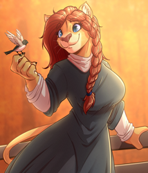Size: 1776x2074 | Tagged: safe, artist:witchtaunter, oc, oc only, big cat, bird, feline, lion, mammal, anthro, 2024, 2d, blurred background, breasts, closed mouth, closed smile, clothes, commission, digital art, ear fluff, ears, eyebrow through hair, eyebrows, eyelashes, female, fluff, fur, hair, happy, lioness, outdoors, solo, solo female, tail, thighs, whiskers, wide hips