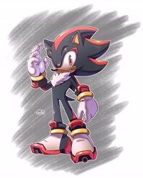Size: 3291x4096 | Tagged: safe, artist:thenovika, shadow the hedgehog (sonic), hedgehog, mammal, anthro, sega, sonic the hedgehog (series), 2024, 2d, clothes, double outline, footwear, fur, gloves, gold bracelet, high res, looking at you, male, multicolored body, multicolored fur, red eyes, shoes, signature, solo, solo male, tail, two toned body, two toned fur
