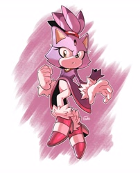 Size: 3310x4096 | Tagged: safe, artist:thenovika, blaze the cat (sonic), cat, feline, mammal, sega, sonic the hedgehog (series), 2024, 2d, bottomwear, clothes, double outline, female, forehead gem, fur, gloves, gold necklace, hair, high heels, jacket, looking at you, pants, ponytail, purple body, purple fur, shoes, signature, solo, solo female, tail, topwear, yellow eyes