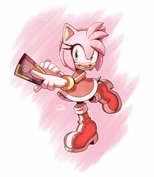 Size: 3575x4096 | Tagged: safe, artist:thenovika, amy rose (sonic), hedgehog, mammal, sega, sonic the hedgehog (series), 2024, 2d, boots, bottomwear, card, clothes, double outline, dress, female, footwear, fur, gloves, gold bracelet, green eyes, hair, hairband, looking at you, pink body, pink fur, shoes, signature, smiling, solo, solo female, tail, teeth
