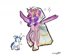 Size: 1698x1488 | Tagged: safe, artist:ametff3, princess cadence (mlp), shining armor (mlp), alicorn, equine, fictional species, mammal, pony, unicorn, feral, friendship is magic, hasbro, my little pony, 2024, alternate hairstyle, bags under eyes, blush scribble, blushing, bottomwear, clothes, colored hooves, colored horn, colored sketch, colored wings, dot eyes, dress, duo, duo male and female, eye through hair, female, frowning, g4, gradient wings, hair, hair bun, height difference, hoof shoes, hooves, horn, long horn, long legs, male, male/female, mare, meme, multicolored hair, multicolored mane, multicolored tail, pink coat, princess shoes, purple eyes, raised hoof, shiningcadance (mlp), shipping, signature, simple background, size difference, sketch, smiling, sparkles, spiky mane, spread wings, stallion, tail, text, the bride and the ugly ass groom, toy interpretation, two toned hair, two toned tail, unicorn horn, unshorn fetlocks, veil, wedding dress, wedding veil, white background, white coat, wing fluff, wingding eyes, wings