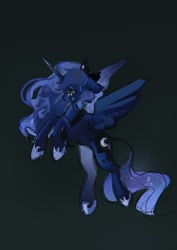 Size: 1448x2048 | Tagged: safe, artist:ametff3, princess luna (mlp), alicorn, equine, fictional species, mammal, pony, feral, friendship is magic, hasbro, my little pony, 2024, alternate design, blue coat, blue eyes, blue hair, blue mane, blue tail, colored muzzle, colored sketch, concave belly, crown, crying, ethereal mane, ethereal tail, eyelashes, eyeshadow, feathered wings, feathers, female, flying, frowning, g4, gradient background, hair, headwear, hoof shoes, horn, horn cap, jewelry, leonine tail, long horn, long legs, makeup, mane, mare, peytral, princess shoes, profile, raised hooves, regalia, side view, sketch, slender, solo, solo female, spread wings, starry hair, starry mane, starry tail, tail, teardrop, thin, tiara, unicorn horn, wavy mane, wavy tail, wingding eyes, wings