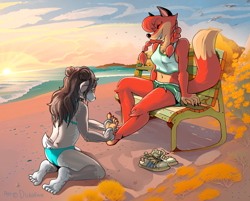 Size: 1348x1082 | Tagged: safe, artist:dichlofous, oc, oc:patty (fox-popvli), bovid, canine, fox, goat, mammal, anthro, beach, belly button, bench, bikini, bottomwear, brown body, brown fur, brown hair, clothes, cream body, cream fur, crop top, digital art, duo, duo female, ears, eyes closed, feet, female, females only, fetish, foot fetish, footwear, fur, hair, midriff, outdoors, red body, red fur, red hair, shoes, shorts, sitting, sunset, swimsuit, tail, tickling, topwear, water