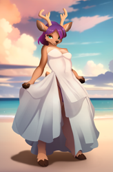 Size: 1555x2369 | Tagged: suggestive, artist:yakukage, oc, oc only, cervid, deer, mammal, reindeer, anthro, unguligrade anthro, 2024, antlers, beach, bottomwear, breasts, brown body, brown fur, clothes, cloven hooves, commission, detailed background, digital art, dress, ears, eyelashes, female, fur, hair, hooves, looking at you, ocean, outdoors, panties, purple hair, reindeer antlers, solo, solo female, tail, teal eyes, thighs, underwear, water, wide hips