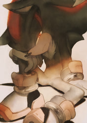 Size: 566x800 | Tagged: safe, artist:fumomo, shadow the hedgehog (sonic), hedgehog, mammal, sega, sonic the hedgehog (series), black body, black fur, clothes, footwear, fur, gloves, gold bracelet, half closed eyes, jewelry, kneeling, looking at you, male, multicolored body, multicolored fur, red body, red eyes, red fur, shoes, simple background, sitting, solo, solo male, tail, two toned body, two toned fur