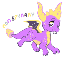 Size: 800x710 | Tagged: safe, artist:blynxee, spyro the dragon (spyro), dragon, fictional species, western dragon, feral, spyro the dragon (series), cute, flag, looking at you, nonbinary pride flag, pride flag, pun, simple background, solo, tongue, tongue out, white background