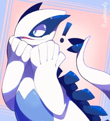 Size: 819x900 | Tagged: safe, artist:purpleninfy, fictional species, legendary pokémon, lugia, feral, cc by-nc-nd, creative commons, nintendo, pokémon, 2019, 2d, abstract background, ambiguous gender, blue eyes, digital art, exclamation point, signature, solo, solo ambiguous, tail, white body, white tail, white wings, wings