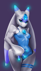 Size: 1308x2260 | Tagged: safe, artist:polnocnykot, fictional species, lunaris, anthro, palworld, 2024, adorasexy, belly button, blue eyes, breasts, butt, cleavage, clothes, cute, digital art, ears, emerald, eyebrows, eyelashes, featureless breasts, featureless crotch, female, glowing, legwear, leotard, looking at you, pose, sexy, simple background, solo, solo female, swimsuit, tail, thick, thighs, wide hips
