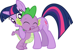 Size: 827x576 | Tagged: safe, artist:porygon2z, spike (mlp), twilight sparkle (mlp), dragon, equine, fictional species, mammal, pony, unicorn, western dragon, feral, semi-anthro, friendship is magic, hasbro, my little pony, 2d, cute, duo, duo male and female, eyes closed, female, hug, male, mare, on model, open mouth, open smile, simple background, smiling, transparent background, young