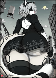 Size: 1628x2263 | Tagged: suggestive, artist:zomboyde, 2b (nier:automata), pod 042 (nier:automata), android, big cat, feline, fictional species, mammal, robot, snow leopard, anthro, nier:automata, square enix, black clothing, blindfold, bottomwear, building, butt, clothes, cloud, detailed background, dress, female, female focus, furrified, group, hair, holding, holding object, holding weapon, huge butt, legwear, long tail, looking back, male, rear view, short hair, signature, sky, solo focus, spots, spotted legs, spotted tail, standing, stockings, sun, sword, tail, the ass was fat, thick thighs, thigh highs, thighs, three-quarter portrait, trio, weapon, white body, white hair, wide hips