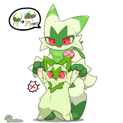 Size: 960x960 | Tagged: safe, artist:tontaro, fictional species, floragato, sprigatito, feral, semi-anthro, nintendo, pokémon, spoiler:pokémon gen 9, spoiler:pokémon scarlet and violet, 1:1, 2024, 2d, 2d animation, ambiguous gender, ambiguous only, animated, cheek fluff, cute, digital art, duo, duo ambiguous, ears, feral on hinds, fluff, fur, gif, green body, green fur, neck fluff, paw pads, paws, pointy ears, red eyes, shivering, simple background, speech bubble, standing, starter pokémon, tail, thighs, white background