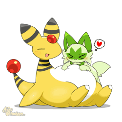 Size: 960x960 | Tagged: safe, artist:tontaro, ampharos, fictional species, mammal, sprigatito, feral, semi-anthro, nintendo, pokémon, spoiler:pokémon gen 9, spoiler:pokémon scarlet and violet, 1:1, 2024, 2d, 2d animation, ambiguous gender, ambiguous only, animated, behaving like a cat, cheek fluff, cute, digital art, duo, duo ambiguous, ears, eyes closed, fluff, fur, gif, green body, green fur, happy, heart, kneading, open mouth, open smile, pointy ears, simple background, slightly chubby, smiling, starter pokémon, tail, tail wag, thighs, thought bubble, white background, white belly, white body, x3, yellow body
