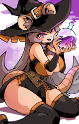 Size: 1034x1630 | Tagged: safe, artist:k420ub, mammal, mouse, rodent, humanoid, 2024, absolute cleavage, big breasts, bottomwear, breasts, buckteeth, cleavage, clothes, dress, eyeshadow, female, hat, headwear, kneeling, legwear, lidded eyes, looking at you, makeup, open mouth, open smile, potion, side slit, smiling, smiling at you, solo, solo female, teeth, thigh highs, total sideslit, witch, witch hat