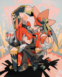 Size: 729x900 | Tagged: safe, artist:fumomo, knuckles the echidna (sonic), rouge the bat (sonic), bat, echidna, mammal, monotreme, sega, sonic the hedgehog (series), bat wings, boots, bottomwear, bow, breasts, bright pupils, chaos emerald, cleavage, clothes, container, costume, crossed arms, cup, cupping glass, devil costume, devil tail, dress, drink, drinking glass, duo, duo male and female, ear piercing, earring, eyebrows, female, floating, footwear, formal, fur, gem, gloves, green eyes, grin, half closed eyes, halloween, halloween costume, happy, hat, hat bow, headwear, heart, heart tattoo, holiday, jacket, jewelry, looking at you, makeup, male, open mouth, pants, piercing, purple eyes, red body, red fur, ribbon, shoes, sidelocks, sitting, smiling, snout, suit, tail, tattoo, teeth, thighs boots, throne, tilted headwear, topknot, topwear, webbed wings, white body, white fur, wine glass, wings, witch hat