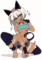 Size: 838x1200 | Tagged: suggestive, artist:cremanata_art, nadia fortune (skullgirls), animal humanoid, fictional species, mammal, humanoid, belly button, blue eyes, breasts, clothes, crop top, dark skin, female, fingerless gloves, gloves, hair, midriff, revealing clothing, short hair, simple background, skin, skullgirls, solo, solo female, topwear, underboob, utility belt, white background, white hair