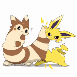 Size: 518x518 | Tagged: safe, artist:tontaro, eeveelution, fictional species, furret, jolteon, mammal, feral, nintendo, pokémon, 2023, 2d, 2d animation, ambiguous gender, ambiguous only, animated, cheek fluff, digital art, duo, duo ambiguous, ears, fluff, fur, gif, neck fluff, simple background, stuck, tail, thighs, unamused, white background