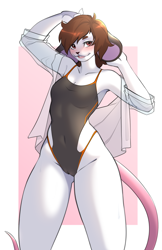 Size: 1000x1540 | Tagged: suggestive, artist:mojaloo, oc, oc only, mammal, mouse, rodent, anthro, one piece, 2024, breasts, cameltoe, commission, digital art, ears, eyelashes, female, fur, hair, lab coat, looking at you, simple background, solo, solo female, tail, thighs, wide hips