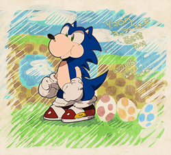 Size: 500x452 | Tagged: safe, artist:fumomo, sonic the hedgehog (sonic), fictional species, yoshi (species), mario (series), nintendo, sega, sonic the hedgehog (series), blue body, blue fur, border, clothes, cloud, crossover, day, egg, footwear, fur, fusion, glass, gloves, green eyes, low res, male, outdoors, shoes, sky, solo, solo male, species swap, standing, tail